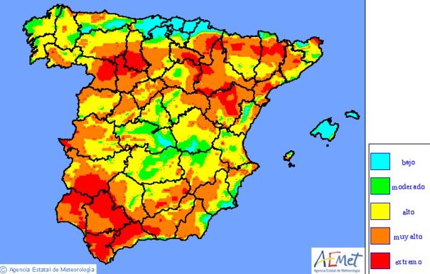 Mapa con el riesgo de incendio de este viernes en España