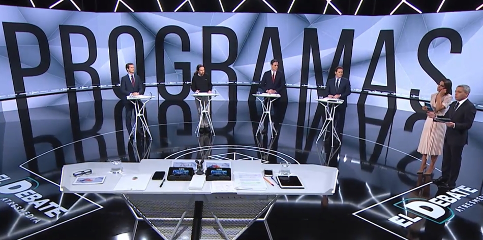De izq. a dcha., Pablo Casado, Pablo Iglesias, Pedro Sánchez y Albert Rivera, en el debate electoral de Atresmedia