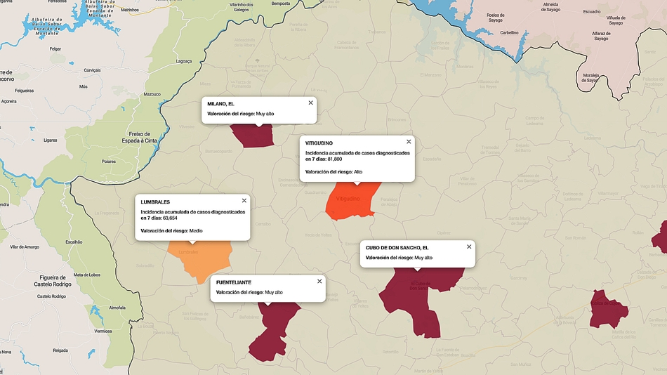 Mapa de índice de riesgo por municipios sobre casos diagnosticados en los últimos siete días / FUENTE: JCYL