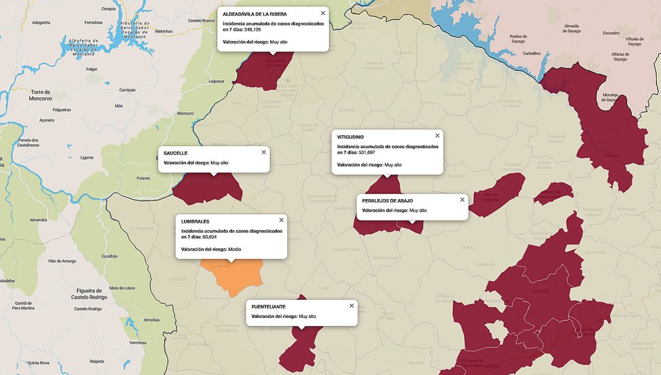 Mapa de índice de riesgo por municipios sobre casos diagnosticados en los últimos siete días / FUENTE: JCYL