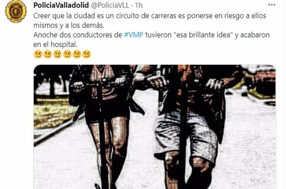 Tuit de la Policía Municipal de Valladolid sobre el accidente de dos jóvenes en patinete. Foto: EP