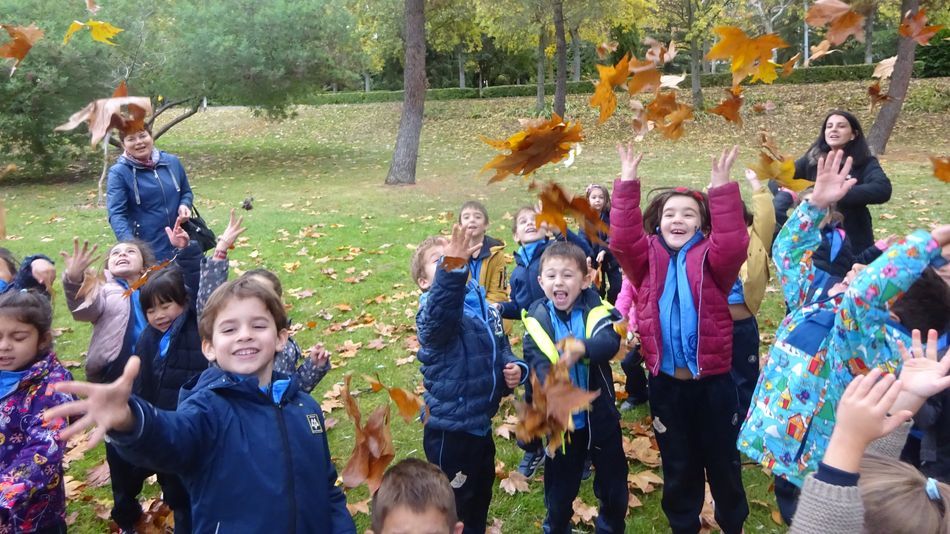 Varios niños lanzan hojas por los aires durante la actividad.