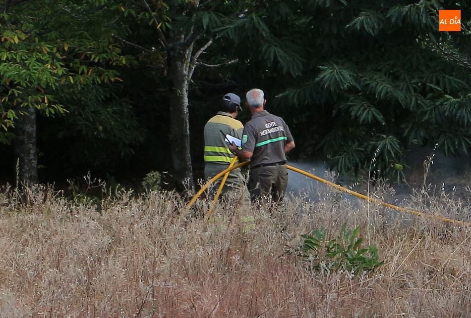 Un bombero y un agente medioambiental trabajan en el incendio de ayer en San Miguel de Valero