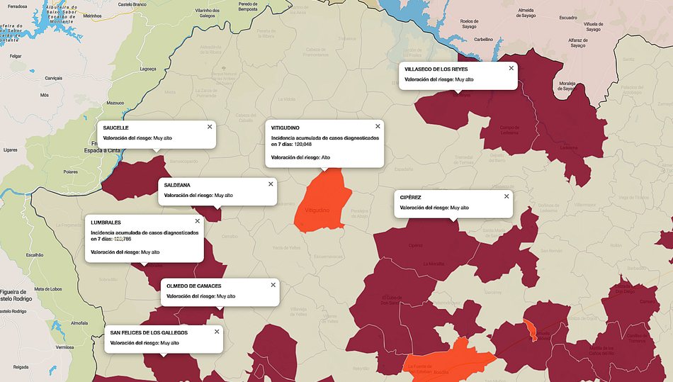 Mapa de incidencia de riesgo con casos diagnosticados en las zonas de salud de Las Arribes / FUENTE: JCYL