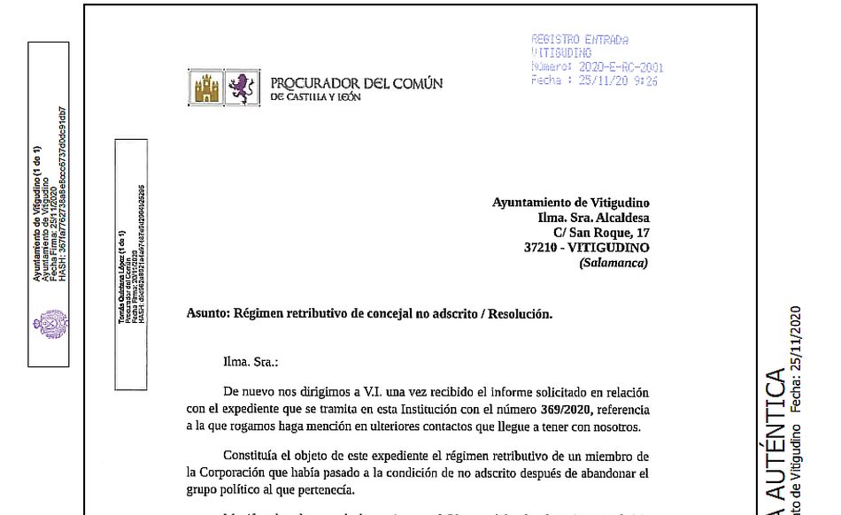 El documento está registrado en el Ayuntamiento de Vitigudino el 25 de noviembre