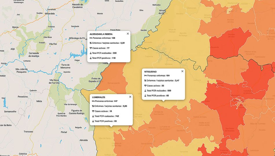 Mapa de datos acumulados de las tres zonas de salud de Las Arribes