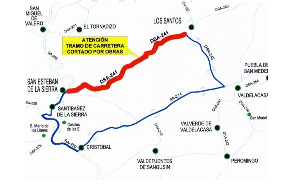 Trayecto alternativo al corte de carretera entre Los Santos y San Esteban de la Sierra