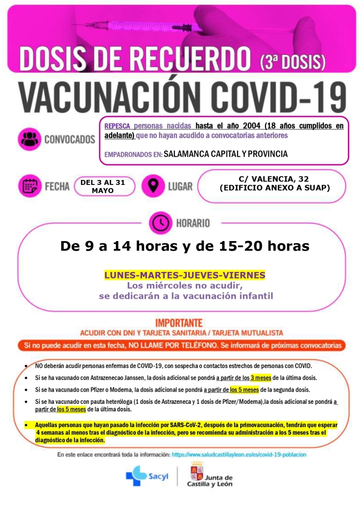 Nuevas convocatorias de vacunaci&oacute;n en Salamanca y provincia: repescas infantiles y terceras dosis en adultos  | Imagen 2