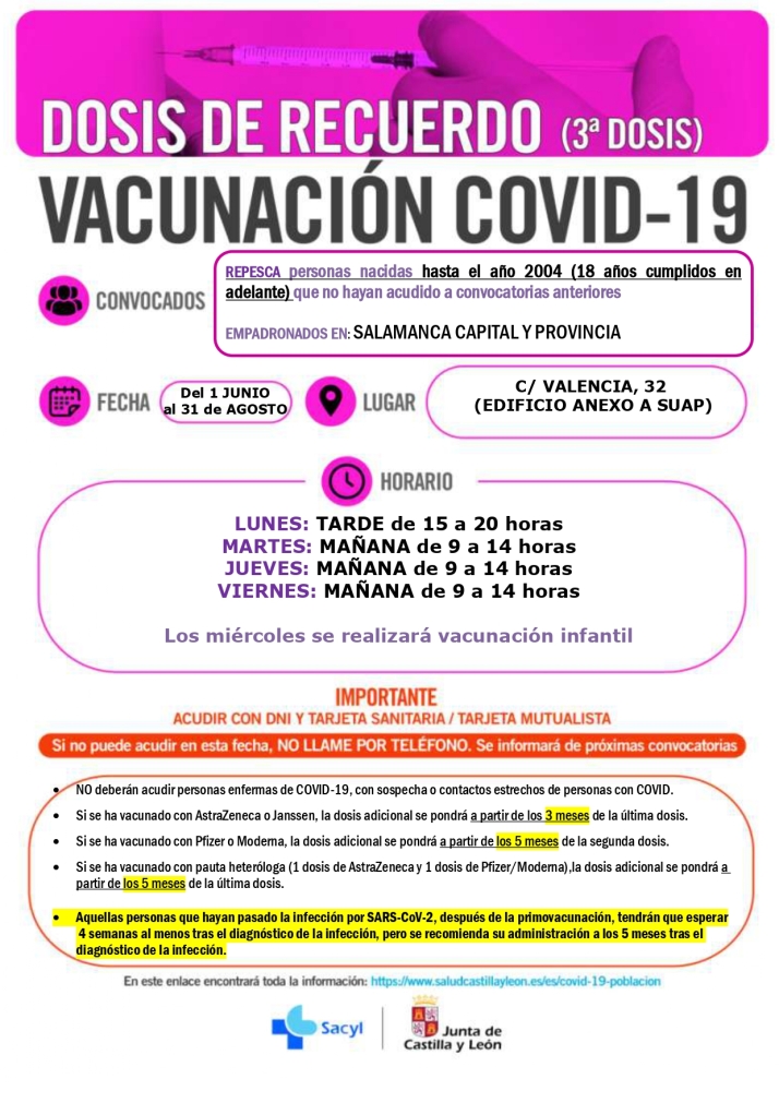 Nuevas convocatorias de vacunaciones frente al coronavirus para Salamanca capital y provincia | Imagen 1