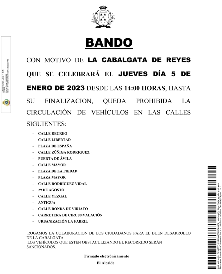 El Ayuntamiento de B&eacute;jar publica los cortes de calles con motivo de la Cabalgata de Reyes | Imagen 1