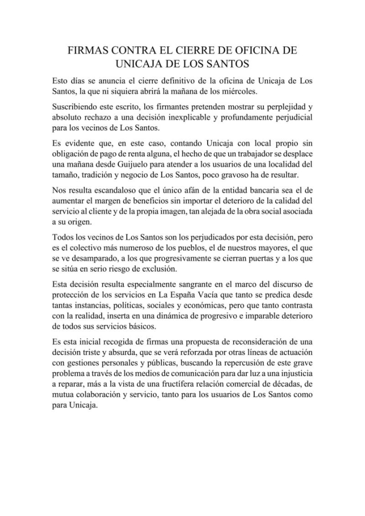 Recogida de firmas en Los Santos para protestar por el cierre de la sucursal de Unicaja | Imagen 1