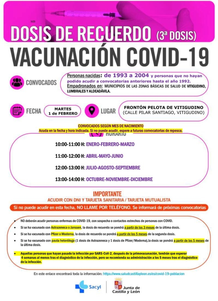 Vacunaci&oacute;n de tercera dosis en Vitigudino para nacidos entre 1993 y 2004  | Imagen 1