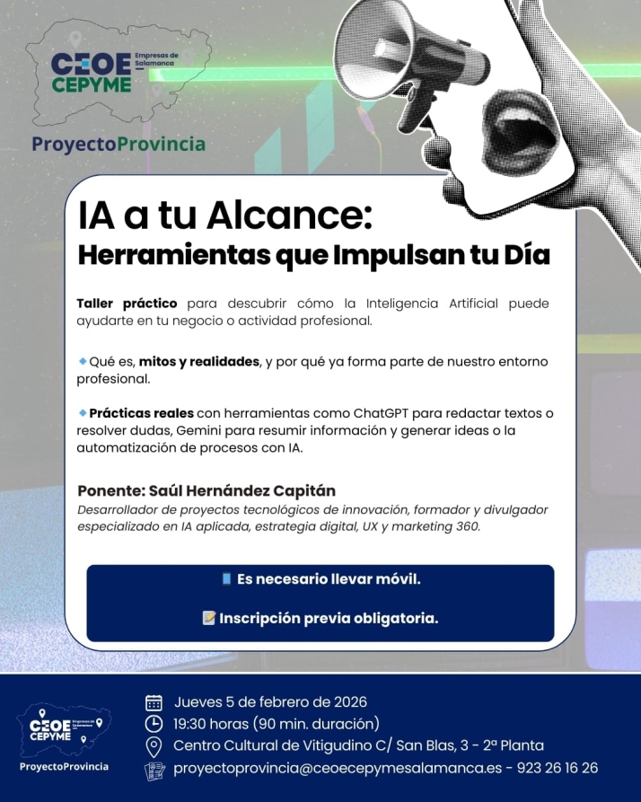 CEOE CEPYME organiza en Vitigudino un taller pr&aacute;ctico sobre Inteligencia Artificial para empresas y aut&oacute;nomos | Imagen 1