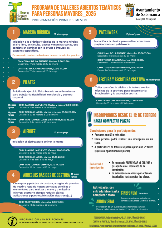 Abierta desde el 12 de febrero la inscripci&oacute;n a los talleres para mayores de 60 en Salamanca | Imagen 1