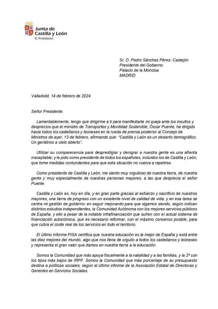 Ma&ntilde;ueco env&iacute;a una queja formal al presidente del Gobierno por los &quot;insultos y desprecios&quot; de &Oacute;scar Puente a Castilla y Le&oacute;n | Imagen 1