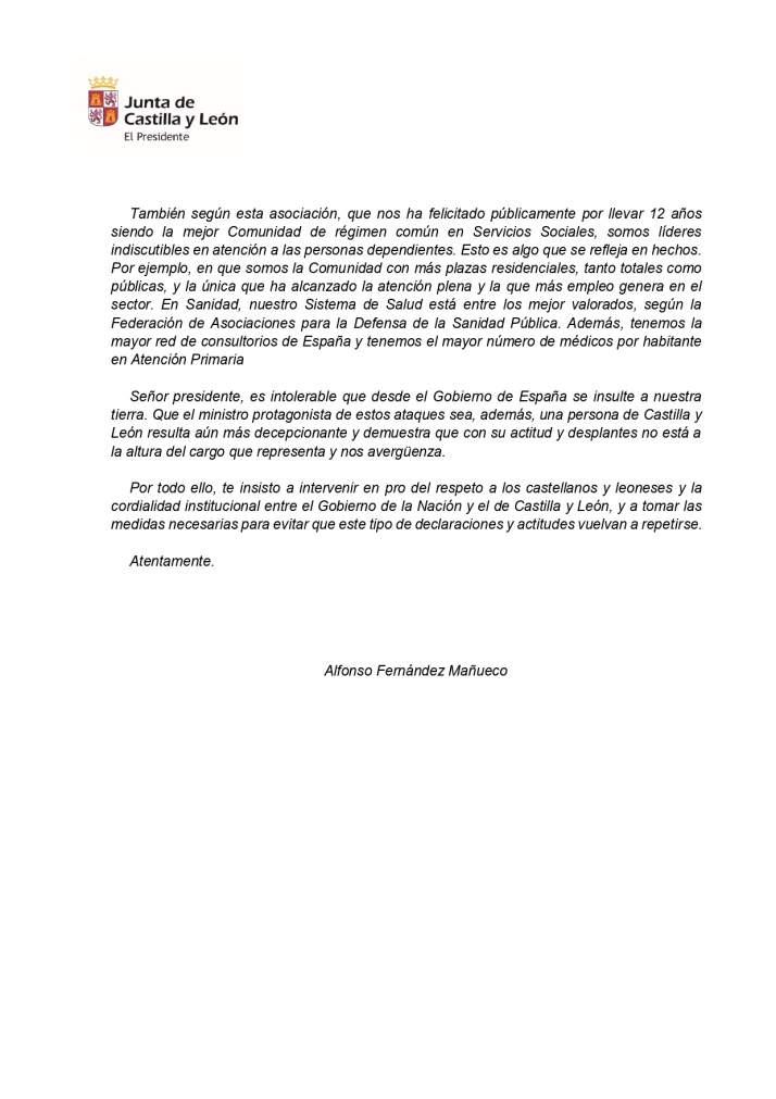 Ma&ntilde;ueco env&iacute;a una queja formal al presidente del Gobierno por los &quot;insultos y desprecios&quot; de &Oacute;scar Puente a Castilla y Le&oacute;n | Imagen 2