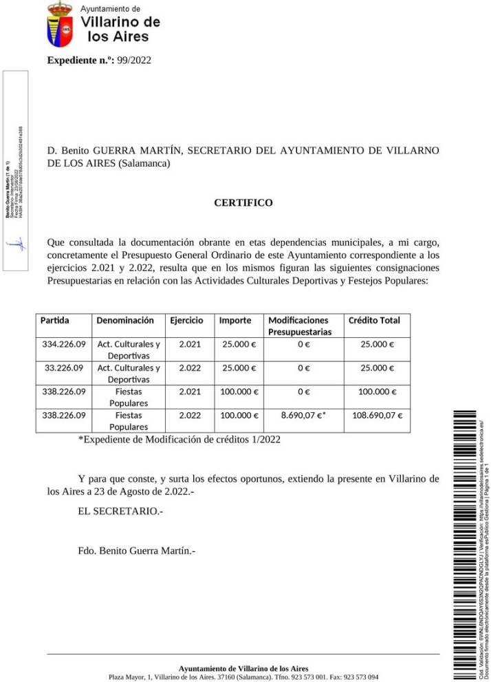 La oposici&oacute;n municipal asegura que Villarino contaba con 33.000 euros m&aacute;s para fiestas que en 2021 | Imagen 1
