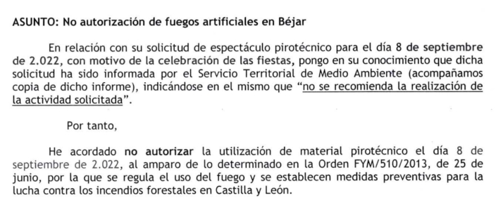 La Junta de Castilla y Le&oacute;n no autoriza los fuegos artificiales en las Fiestas de B&eacute;jar | Imagen 1