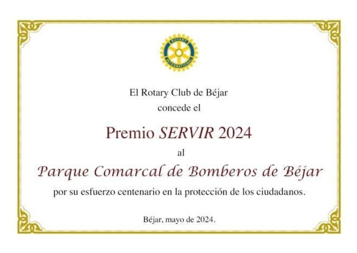 El Rotary Club de B&eacute;jar distingue al Parque Comarcal de Bomberos con el XVII Premio Servir | Imagen 1