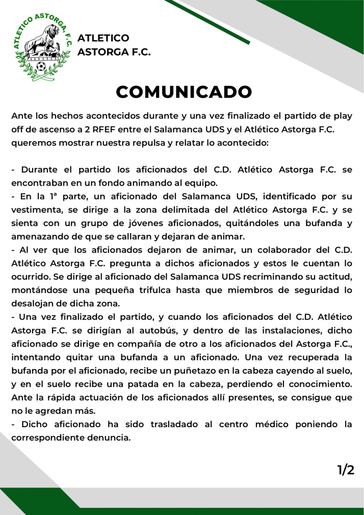 El Astorga denuncia que un aficionado suyo sufri&oacute; patadas y pu&ntilde;etazos en el Helm&aacute;ntico tras el partido con el Salamanca UDS | Imagen 1