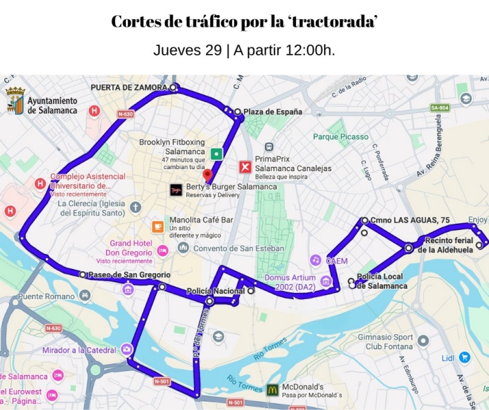 Cortes de tr&aacute;fico y cambios en todas las l&iacute;neas de autob&uacute;s este jueves por la protesta agraria en Salamanca | Imagen 1