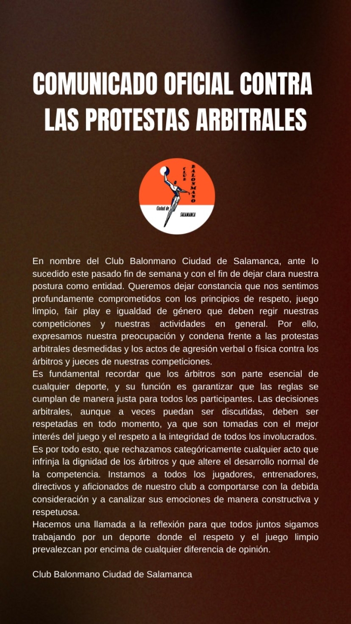 El BM Salamanca alza la voz: &quot;Expresamos nuestra preocupaci&oacute;n y condena ante frente a las protestas arbitrales desmedidas&quot; | Imagen 1