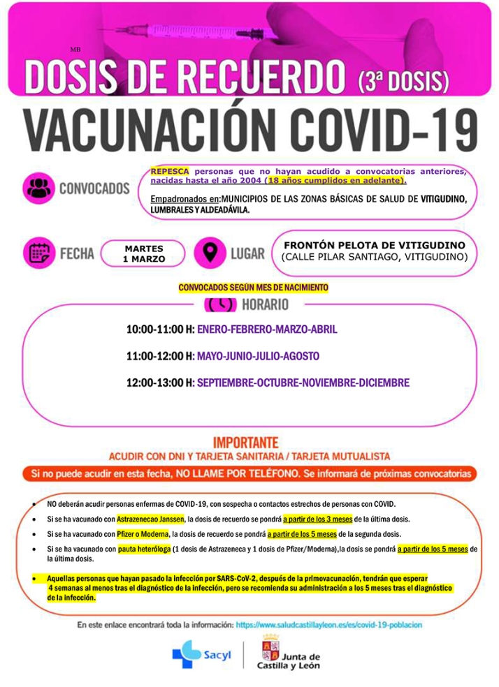 Vacunaci&oacute;n de repesca para mayores de 18 a&ntilde;os en Vitigudino y ni&ntilde;os menores de 11 a&ntilde;os con cita | Imagen 1