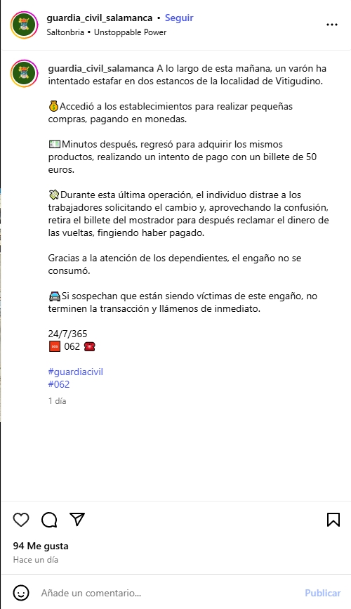 La Guardia Civil alerta de un intento de estafa en los dos estancos de Vitigudino | Imagen 1