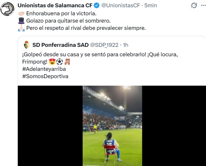 Pique de Unionistas con la Ponferradina y la celebración de la silla de Frimpong: "El respeto al rival debe prevalecer siempre" | Imagen 1