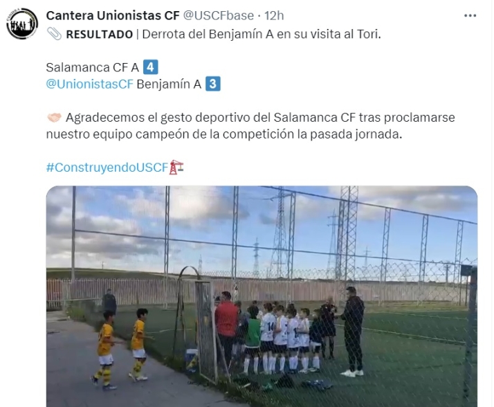 El precioso gesto en el f&uacute;tbol base: el Salamanca UDS le hace el pasillo a Unionistas en la categor&iacute;a benjam&iacute;n | Imagen 1