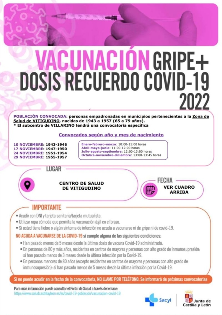 Las personas de 65 a 79 a&ntilde;os residentes en la Zona de Salud de Vitigudino ya tienen fecha de vacunaci&oacute;n para covid+gripe | Imagen 2