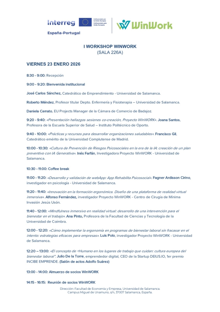 Salamanca acoge el I Workshop WINWORK para impulsar el bienestar laboral con inteligencia artificial y realidad virtual | Imagen 1