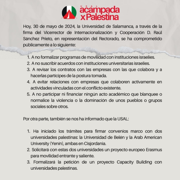 Desconvocada la acampada universitaria en apoyo a Palestina tras llegar a un acuerdo con la USAL: &quot;Para nosotros es una victoria&quot; | Imagen 1