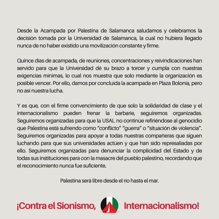 Desconvocada la acampada universitaria en apoyo a Palestina tras llegar a un acuerdo con la USAL: &quot;Para nosotros es una victoria&quot; | Imagen 2