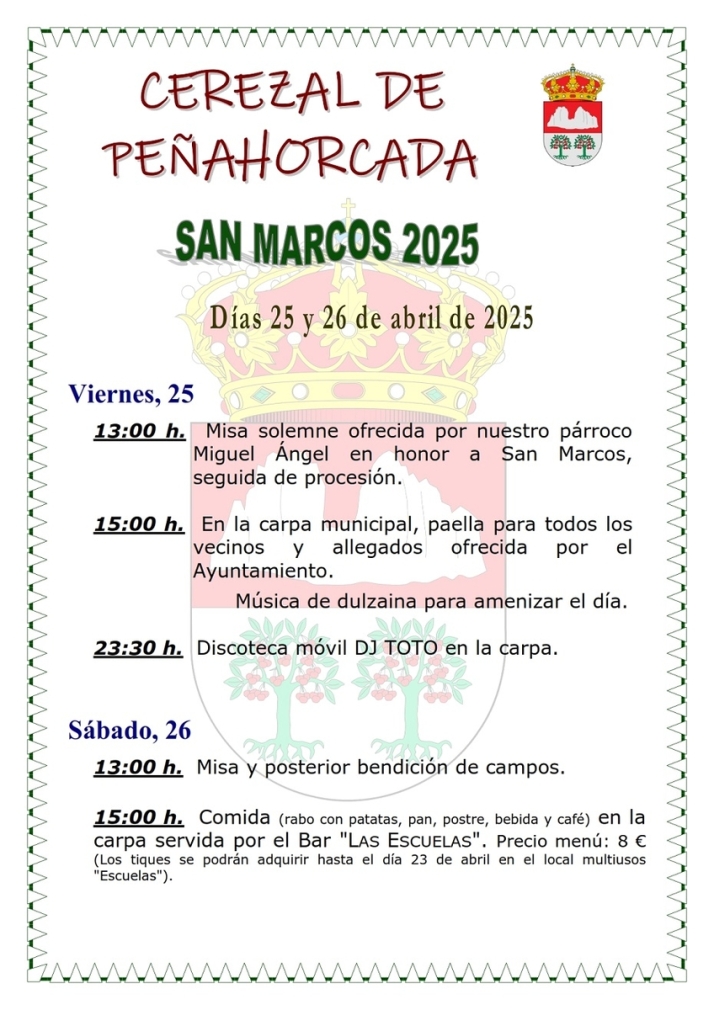 Cerezal de Pe&ntilde;ahorcada ya tiene preparadas sus fiestas patronales en honor a San Marcos  | Imagen 1
