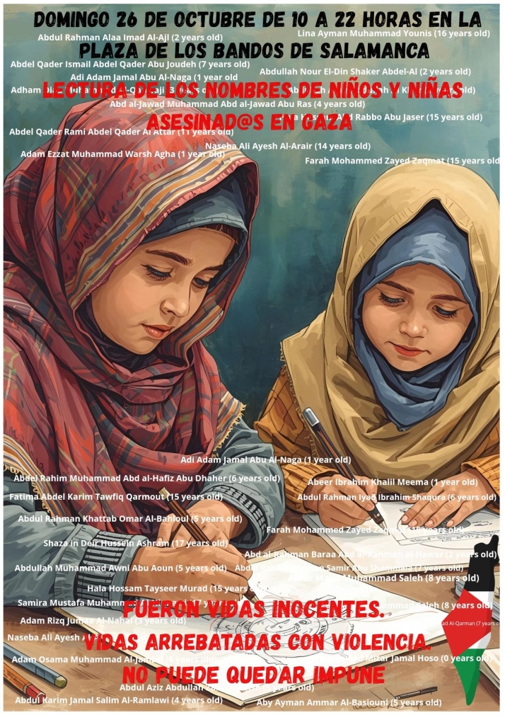 Una lectura p&uacute;blica en Salamanca recuerda este domingo a 18.500 ni&ntilde;os asesinados en Gaza | Imagen 1