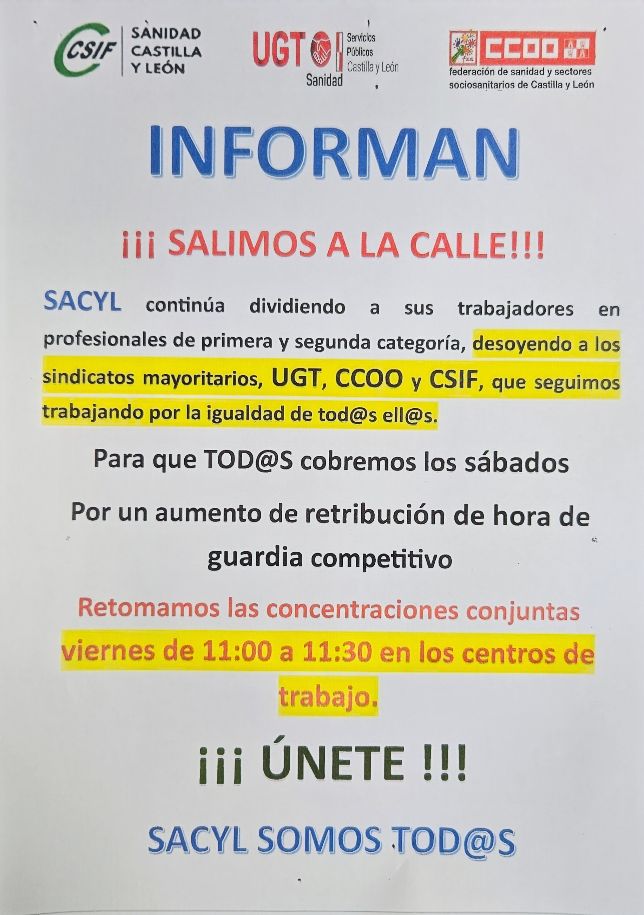 Los trabajadores de Sacyl se concentrar&aacute;n todos los viernes a la puerta del Hospital de Salamanca para que &quot;todos cobren los s&aacute;bados&quot; | Imagen 1