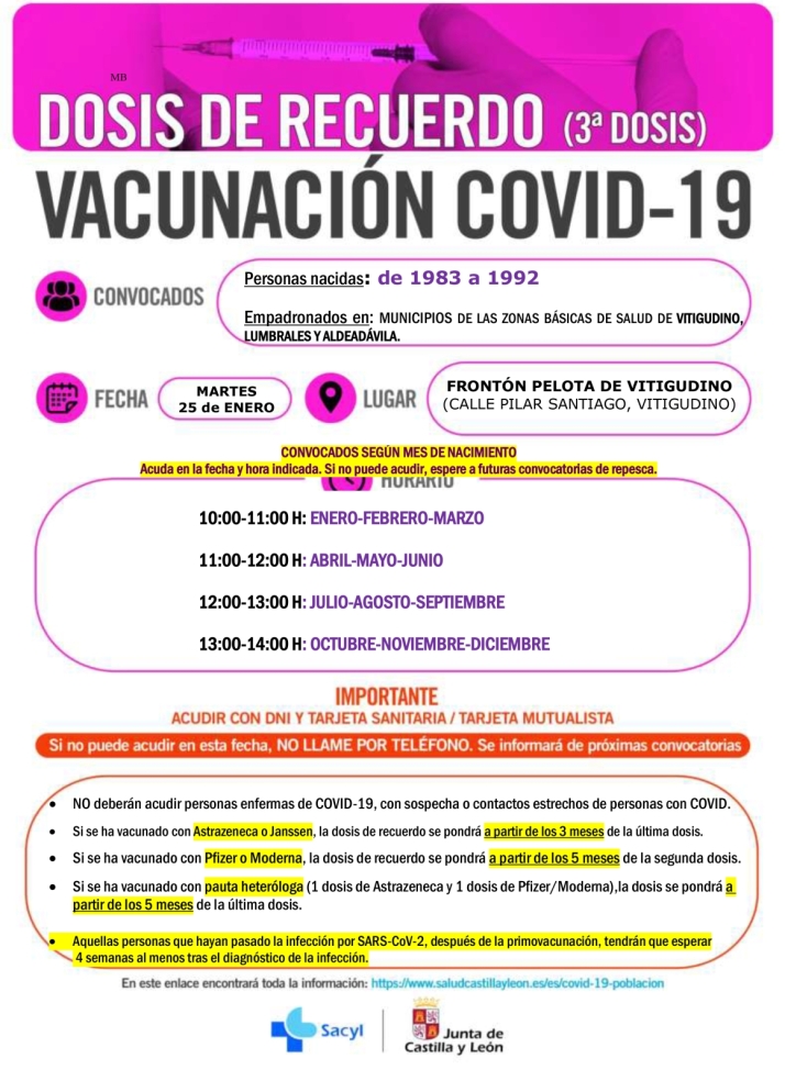 Vacunaci&oacute;n de tercera dosis en Vitigudino para nacidos entre 1983 y 1992 y repesca para ni&ntilde;os de entre 5 y 11 a&ntilde;os | Imagen 1