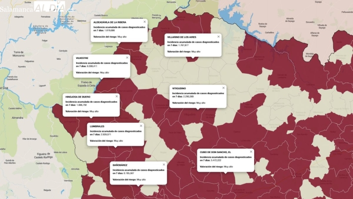 Mapa de incidencia de riesgo con los municipios que presentan un mayor número de contagios / FUENTE: JCyL