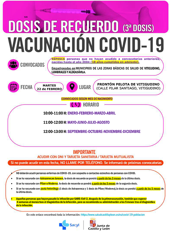Vacunaci&oacute;n de repesca para mayores de 18 a&ntilde;os y para ni&ntilde;os de 5 a 11 a&ntilde;os en Vitigudino | Imagen 1