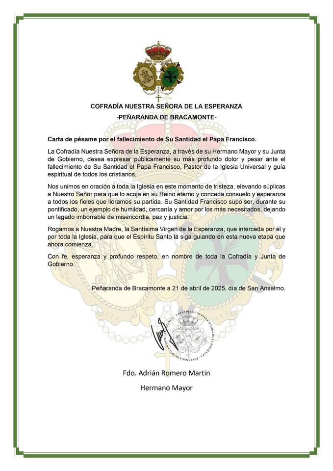 Las cofradías de Peñaranda emiten comunicados oficiales tras el fallecimiento del Papa Francisco | Imagen 4