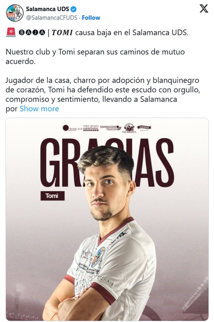 Tomi deja de ser jugador del Salamanca UDS | Imagen 1